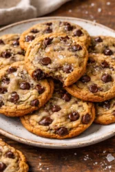 Crispy and chewy chocolate chip cookies on a plate
