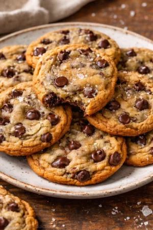 Crispy and chewy chocolate chip cookies on a plate