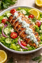 Crispy Greek Tzatziki Chicken Salad with fresh veggies and chicken in a bowl.
