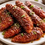 Plate of crispy Korean fried chicken tenders served with dipping sauce.
