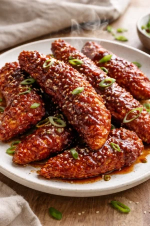 Plate of crispy Korean fried chicken tenders served with dipping sauce.