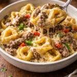Bowl of Crock Pot Cheesesteak Tortellini topped with cheese and herbs