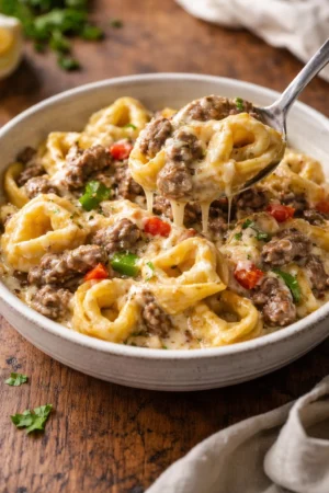 Bowl of Crock Pot Cheesesteak Tortellini topped with cheese and herbs