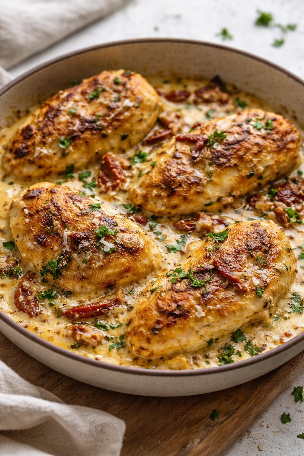 Crock Pot Marry Me Chicken served with creamy sauce and herbs