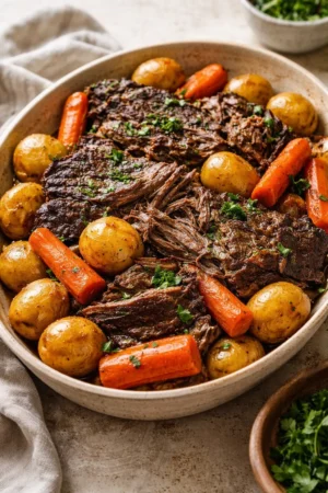 Delicious Crock Pot pot roast served with vegetables