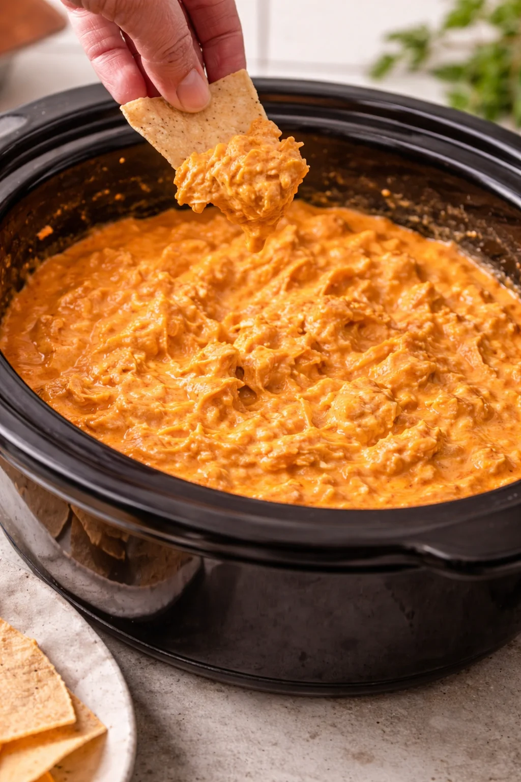 Delicious Crockpot Buffalo Chicken Dip served with tortilla chips.