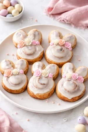 Easter Bunny Cinnamon Rolls decorated for a festive spring celebration