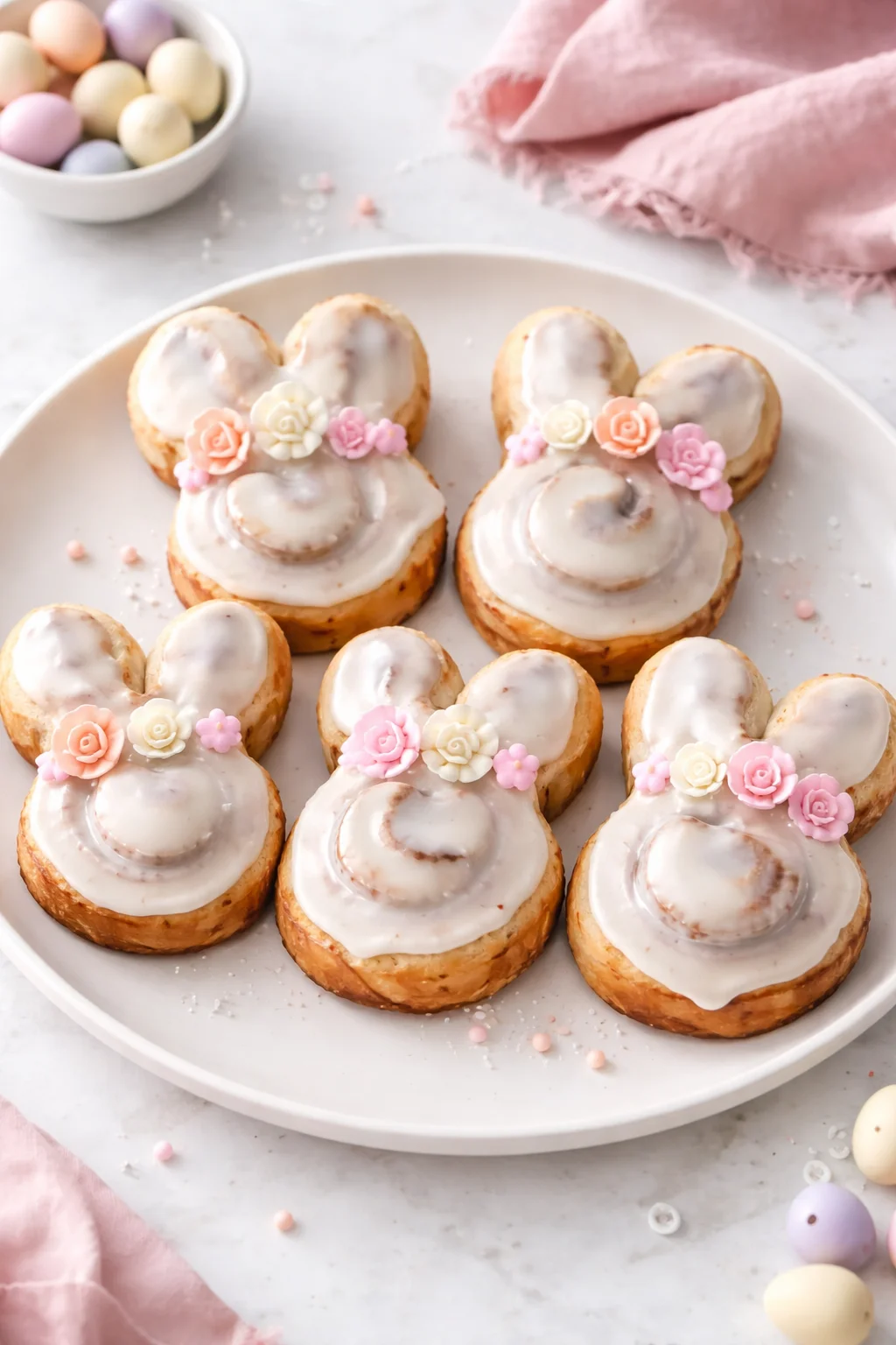 Easter Bunny Cinnamon Rolls decorated for a festive spring celebration