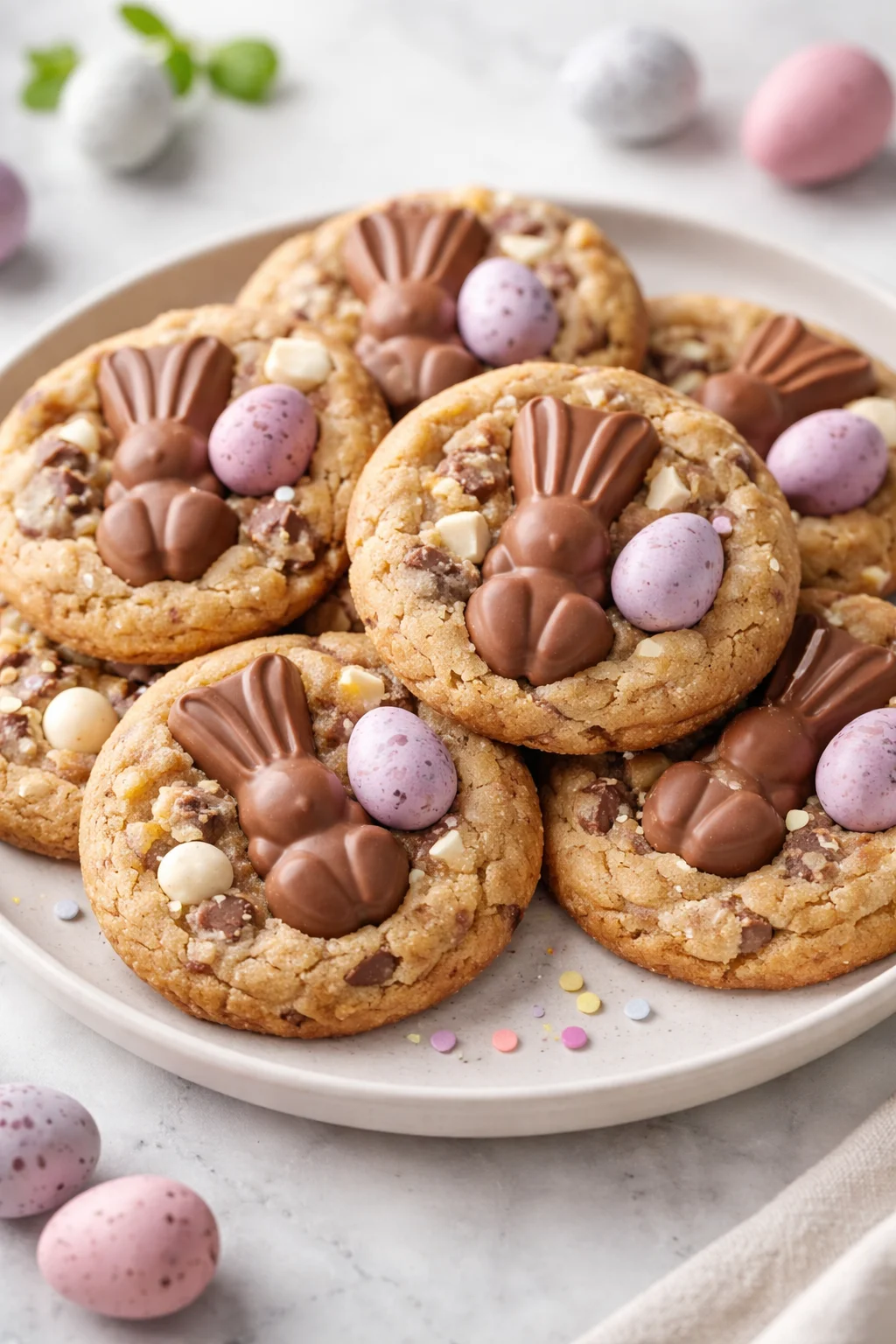 Delicious Easter Chocolate Cookies decorated with colorful sprinkles.