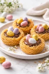 Easter dessert featuring kataifi pastry topped with fresh fruits and syrup