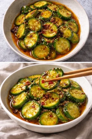 Colorful easy Asian cucumber salad with sesame dressing and vegetables.