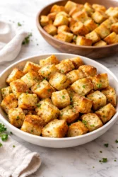 Homemade easy baked croutons on a wooden cutting board