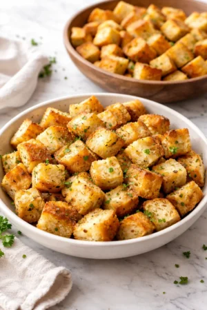 Homemade easy baked croutons on a wooden cutting board