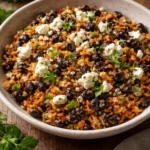 Plate of easy black beans and rice with fresh herbs and spices