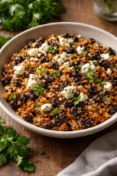 Plate of easy black beans and rice with fresh herbs and spices