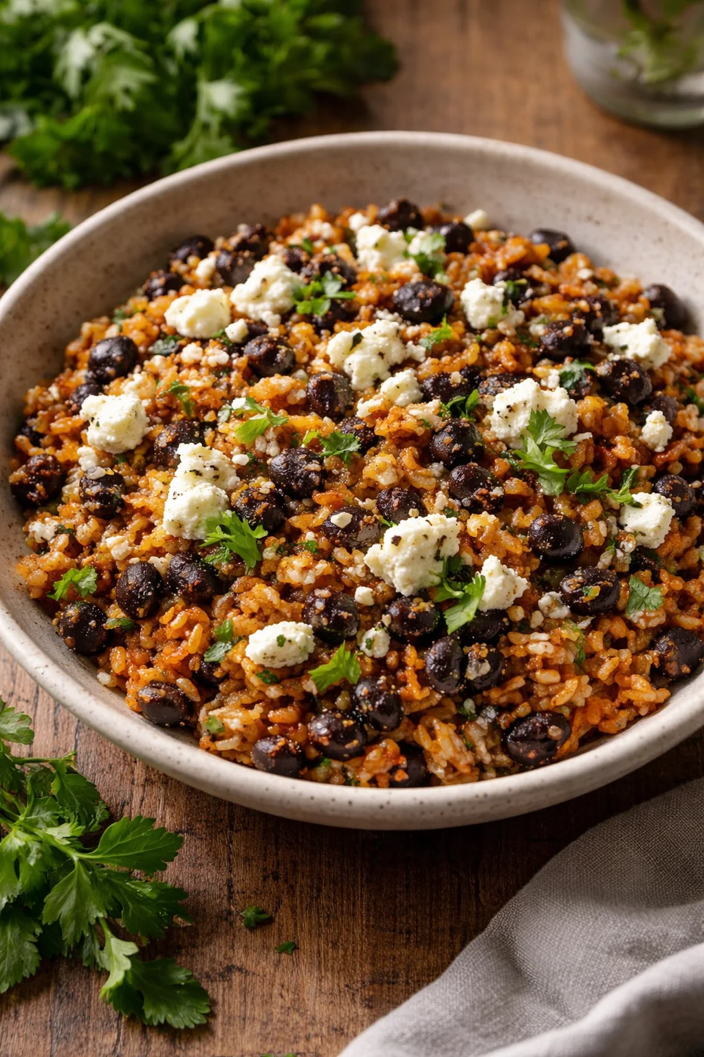 Plate of easy black beans and rice with fresh herbs and spices