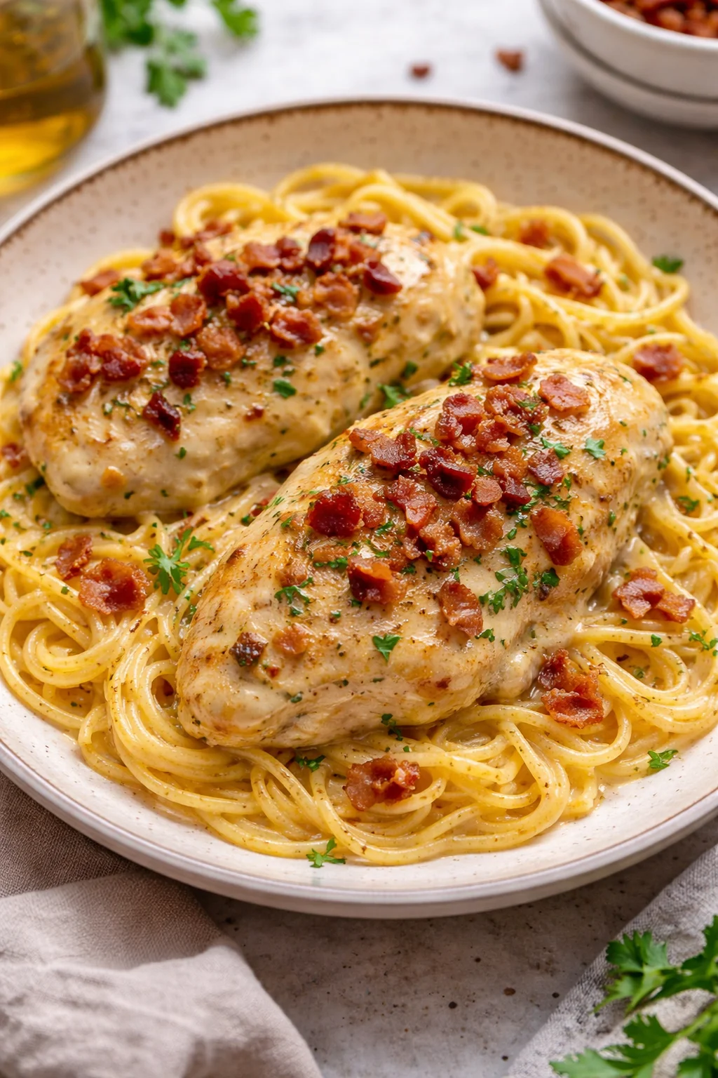 Delicious Crock Pot Crack Chicken served in a bowl with herbs.
