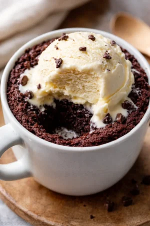 Delicious eggless mug brownie in a cup, ready to enjoy.