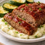 Delicious easy meatloaf served with mashed potatoes and gravy
