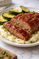 Delicious easy meatloaf served with mashed potatoes and gravy