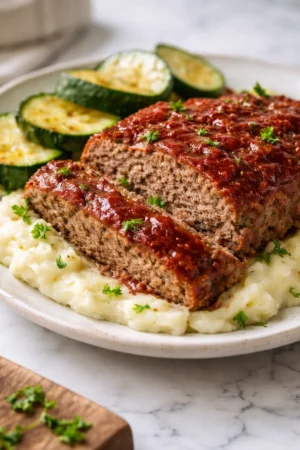Delicious easy meatloaf served with mashed potatoes and gravy