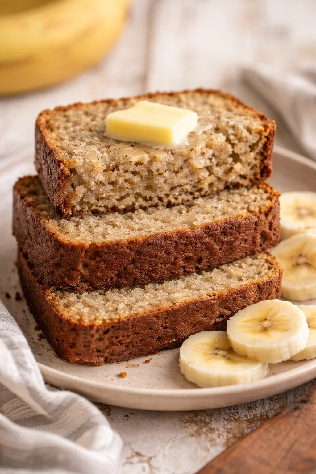Slice of easy moist banana bread on a wooden table with bananas in the background