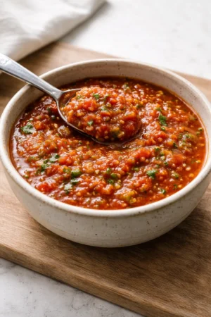 Bowl of fresh and vibrant easy salsa made with tomatoes and herbs
