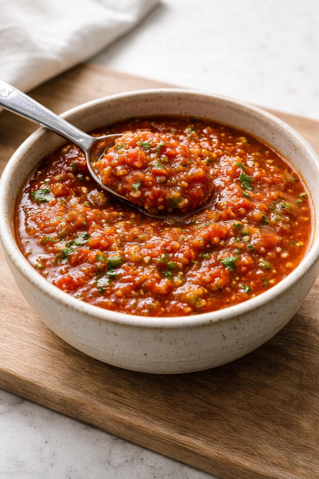 Bowl of fresh and vibrant easy salsa made with tomatoes and herbs