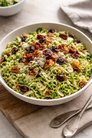 Delicious easy shaved Brussels sprout salad with vibrant toppings