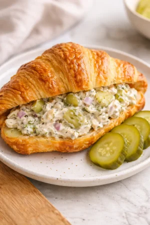 Flavored dill pickle chicken salad in a bowl garnished with herbs