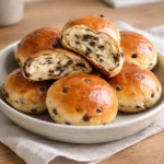 Delicious fluffy chocolate chip milk buns on a baking tray.