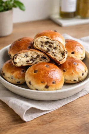 Delicious fluffy chocolate chip milk buns on a baking tray.
