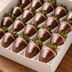 Delicious football-themed chocolate-covered strawberries for game days.