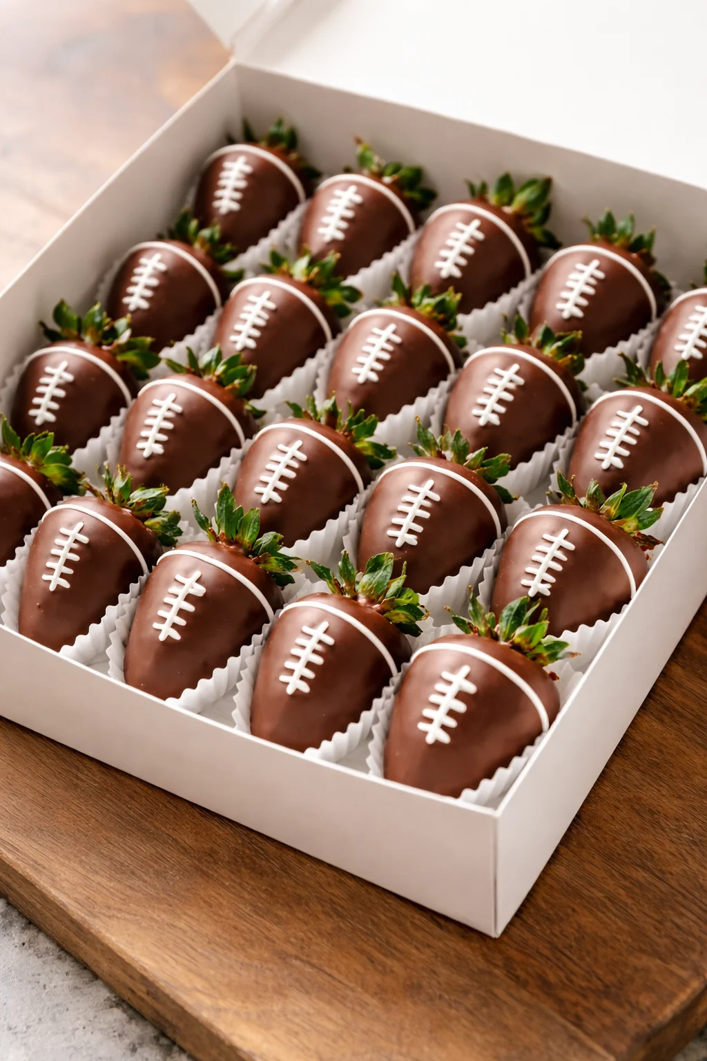 Delicious football-themed chocolate-covered strawberries for game days.