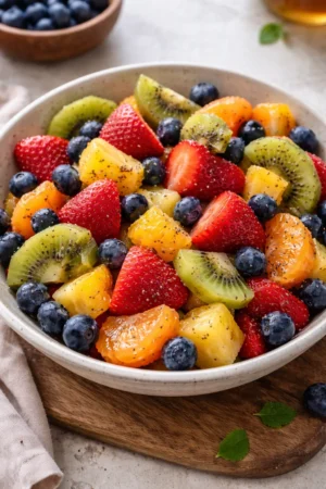 Fresh fruit salad topped with honey lime poppy seed dressing