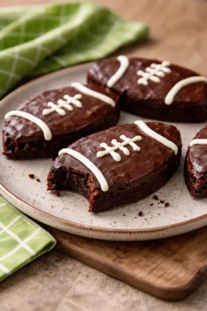 Fudgy football brownies decorated for game day celebration.