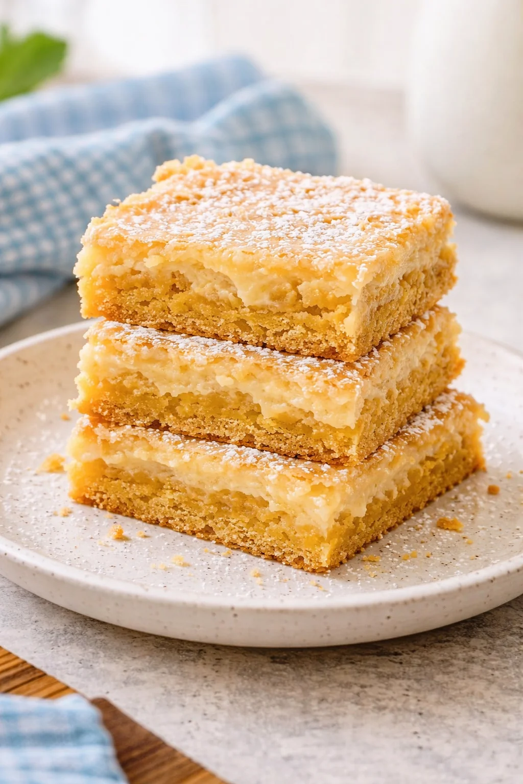 Slice of delicious Gooey Butter Cake on a plate with a fork