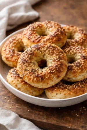 Freshly baked Greek yogurt bagels on a wooden board
