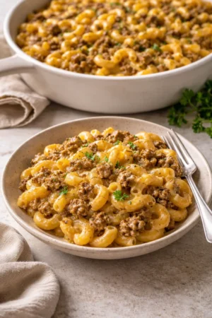 Ground Beef Hamburger Casserole with melted cheese and pasta