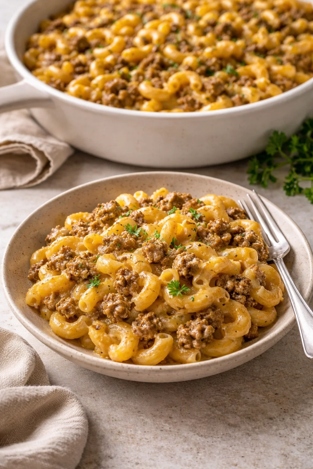 Ground Beef Hamburger Casserole with melted cheese and pasta