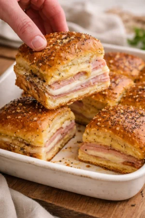 Homemade ham and cheese sliders with melted cheese and savory ingredients
