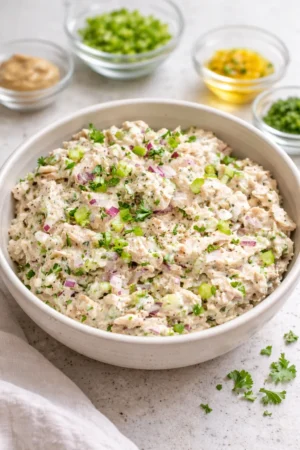 Healthy tuna salad with fresh vegetables and light dressing