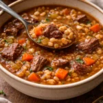 Delicious stovetop beef and barley soup served in a bowl with fresh herbs