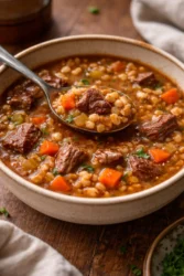 Delicious stovetop beef and barley soup served in a bowl with fresh herbs