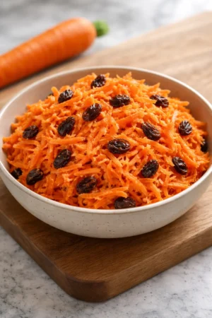A vibrant bowl of homemade carrot raisin salad with walnuts and a creamy dressing