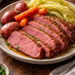 Delicious homemade corned beef and cabbage plated for serving