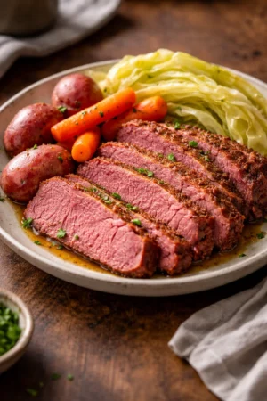 Delicious homemade corned beef and cabbage plated for serving