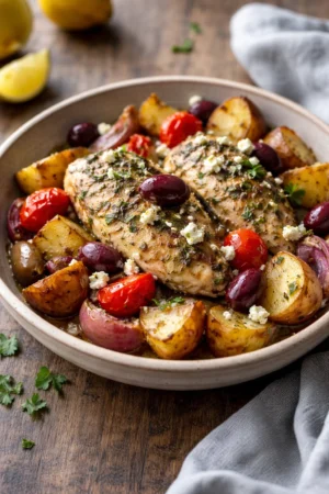 Homemade Greek Chicken foil packets with fresh vegetables and herbs