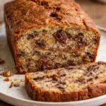 Incredibly moist banana bread topped with banana slices and nuts