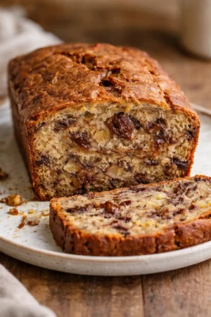 Incredibly moist banana bread topped with banana slices and nuts